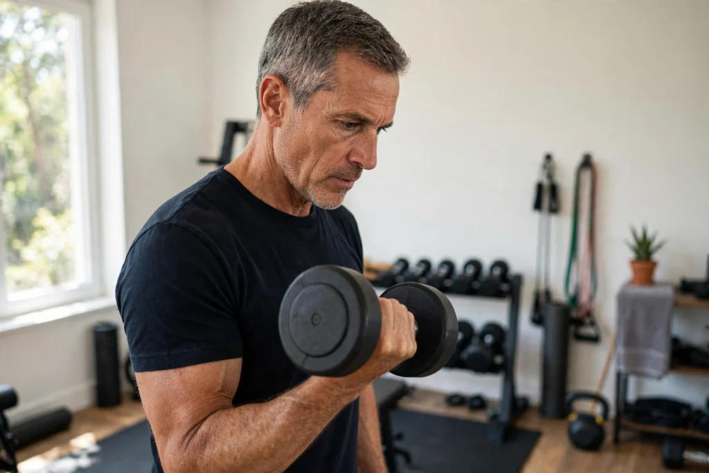 Man in his late 40s training with a dumbbell in a home gym